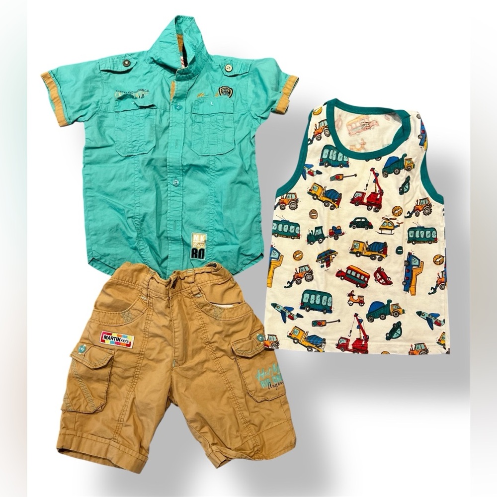 EUC Kids' Teal Polo Shirt, Sleeveless Shirt and Tan Shorts Set, 3 pieces (2T-3T)